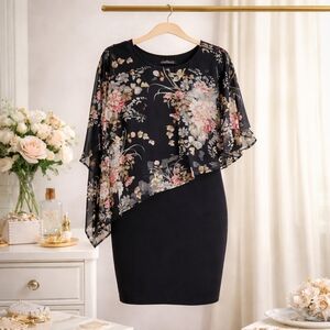 Emily Rose Floral Overlay Cocktail Dress Medium Flutter Sleeve